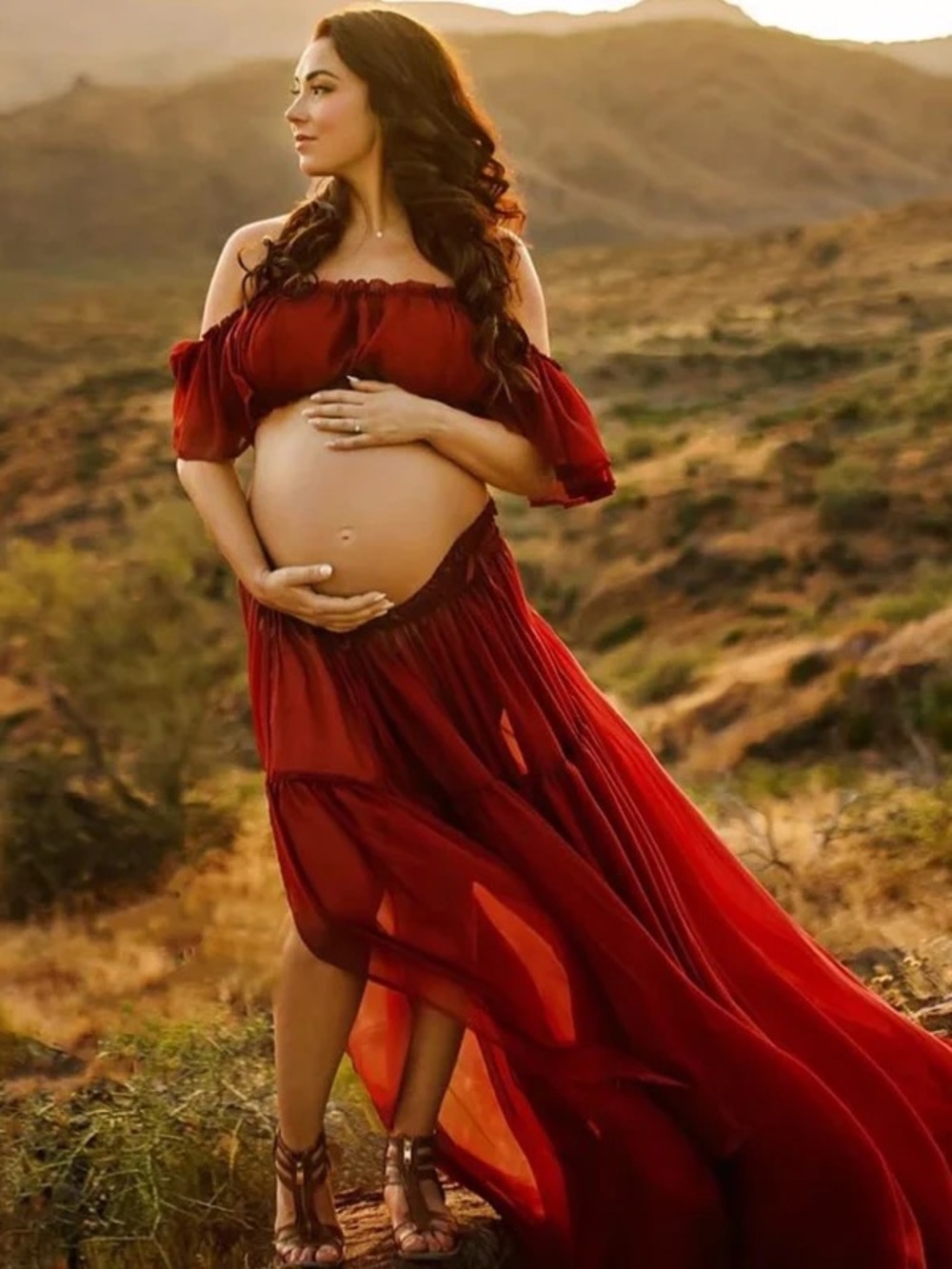 Off-Shoulder Maternity Maxi Dress in Burgundy